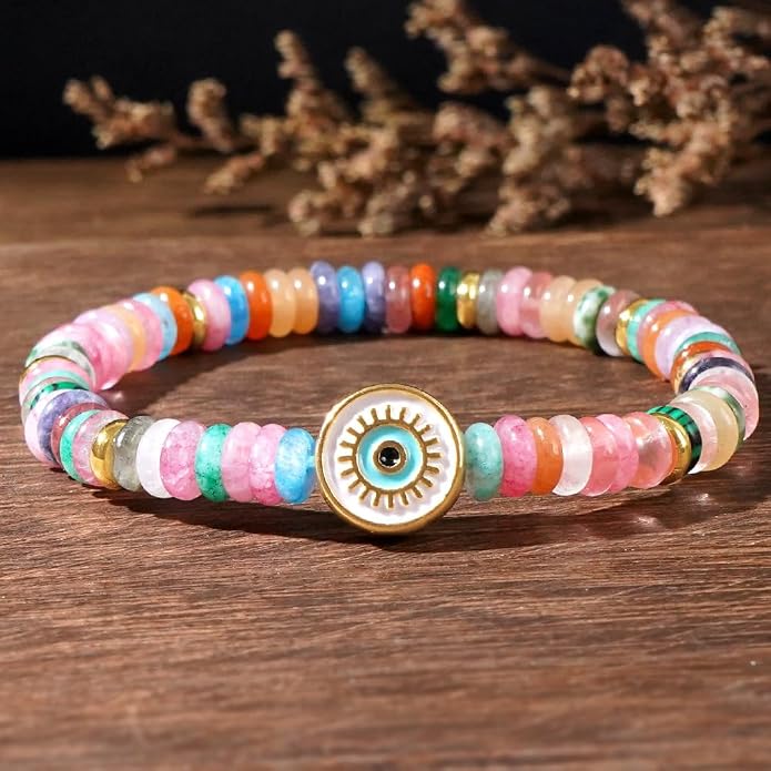 Evil Eye Bracelets For Women, Boho Colorful Gemstone Beaded Enamel Bracelet Charm Natural Stone Summer Beach Lucky Jewelry Gift