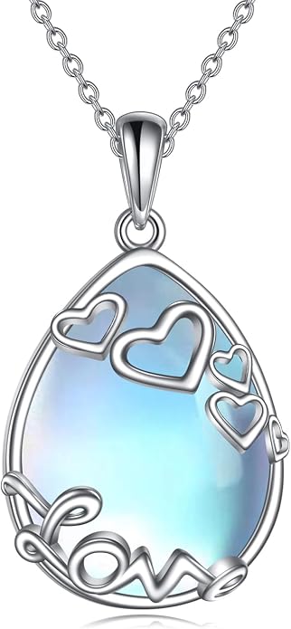 YAFEINI 925 Sterling Silver Moonstone Necklace Filigree Teardrop Pendant Necklace Jewelry for Women Girls