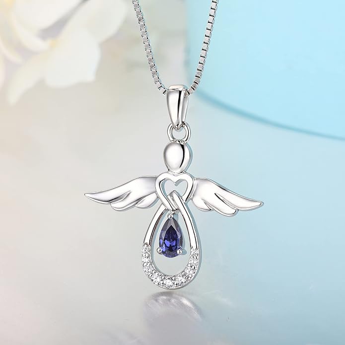 FJ Guardian Angel Necklace 925 Sterling Silver Birthstone Pendant Angel Jewelry Gifts for Women