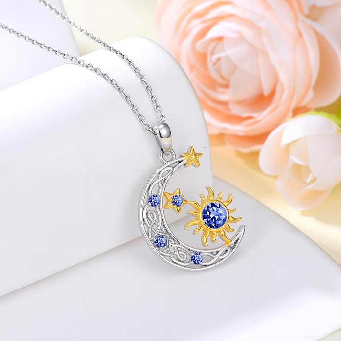 PELOVNY Sun and Moon Necklace for Women 925 Sterling Silver Sun Moon Star Birthstone Pendant Necklaces Birthday Christmas Jewelry Gifts for Mom Daughter Wife Sister