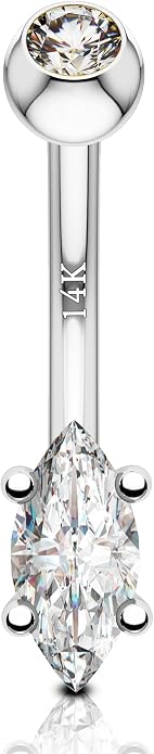 COCHARM 14K Gold Marquise CZ Belly Button Rings - White Yellow Diamond Navel Rings for Women Men - 14G Belly Piercing Jewelry