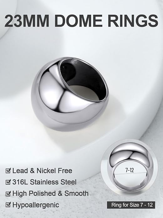 GOLDCHIC JEWELRY Chunky Dome Ring for Women, Stainless Steel Bold Stacking Croissant Statement Ring For Men (Size 7-12, Custom)