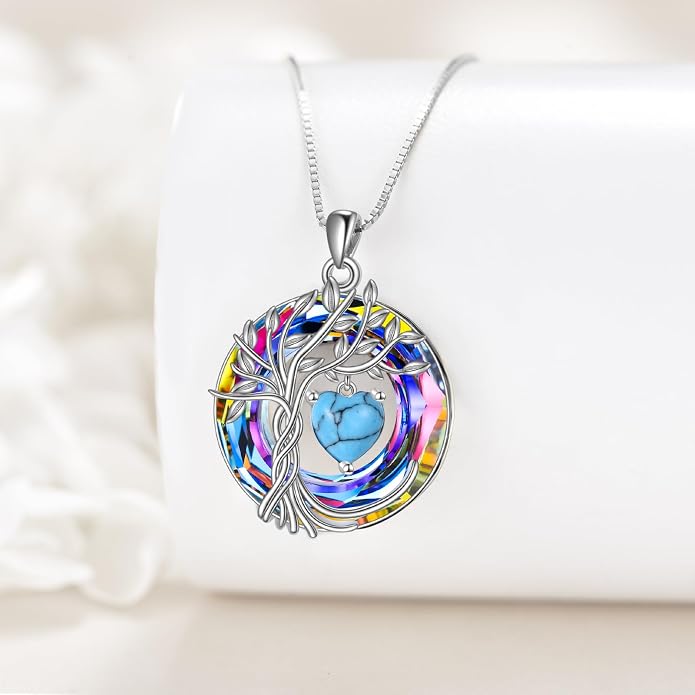 POPLYKE Mothers Day Gifts for Mom Her Wife Tree of Life Necklace 925 Sterling Silver Birthstone Pendant with Crystal Anniversary Birthday Wedding Jewelry for Women