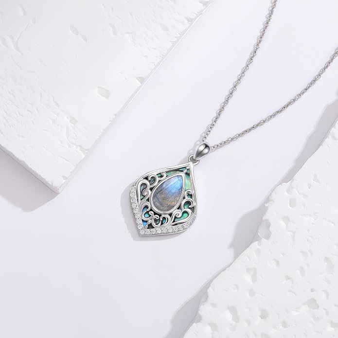 HPQQ Filigree Gemstone Necklace 925 Sterling Silver Teardrop Bohemian Necklace Abalone Shell Jewelry Birthday Gifts for Women
