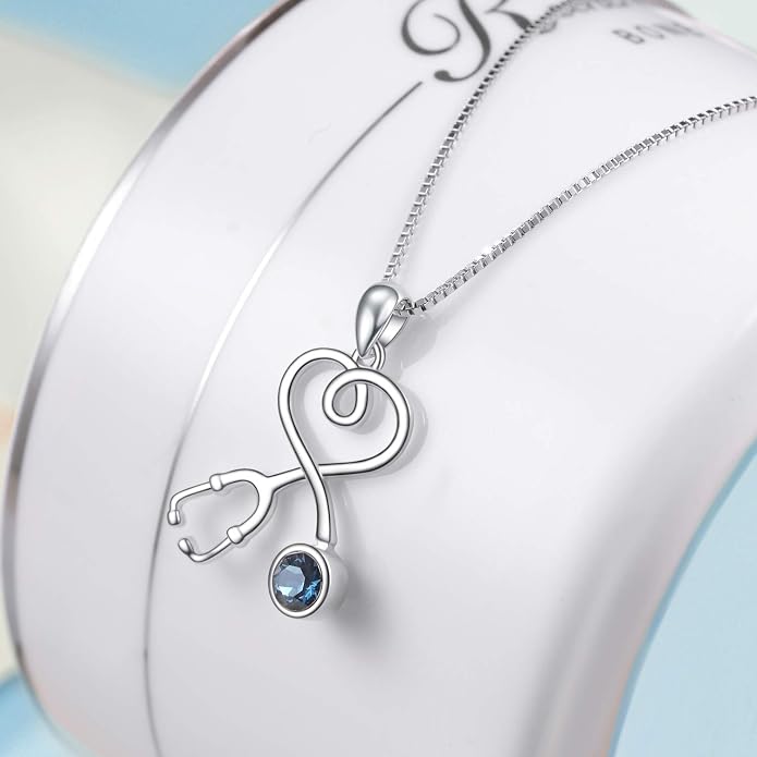 AOBOCO Stethoscope Necklace 925 Sterling Silver Embellished with 12 Months Birthstone Crystals from Austria, Graduation Gifts Medical Jewelry for Doctor Nurse Medical Student RN