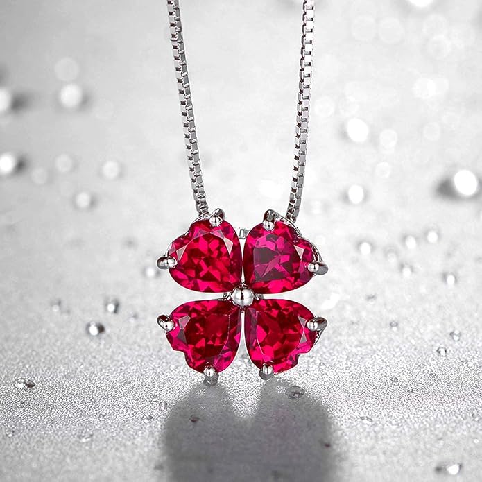 JIANGXIN Colorful Birthstone 925 Sterling Silver Handmade Pendant Necklace for Women Lucky Four Leaf Clover Plant Shamrock Jewelry Rhodium Plated