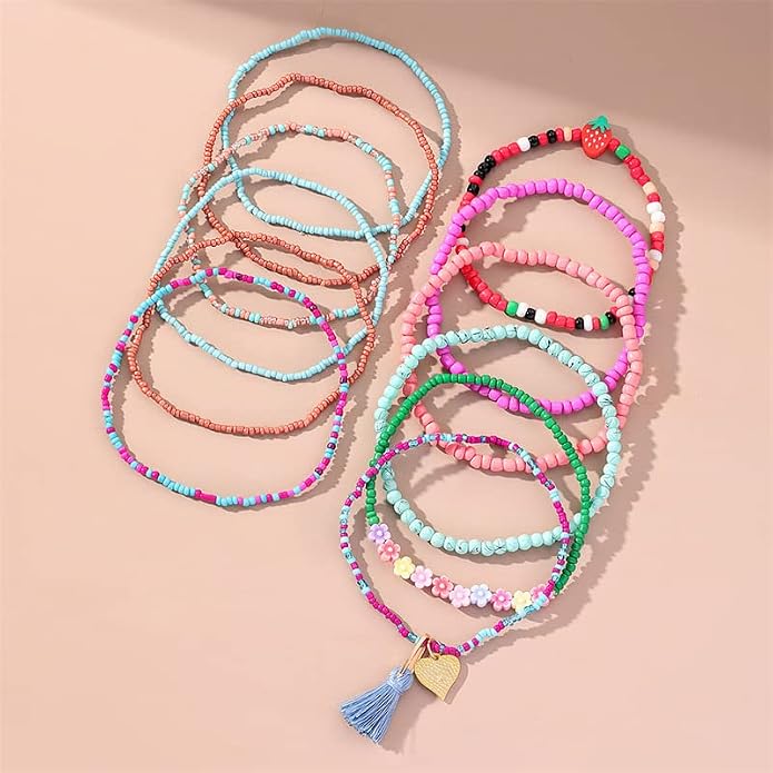 Caiyao 12 Pieces Colorful Elastic Beaded Anklets for Women Girls Handmade Beach Boho Colorful Beads Tassel Heart Flower Layered Anklets Set