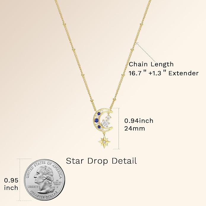 Miss mimi CZ Pendant Necklace, Golden Yellow Princess Cut or Crescent Moon, 18K Gold Plated, Adjustable 16” or 18 + 2”in Chain, Celestial & November Birthstone Citrine Style
