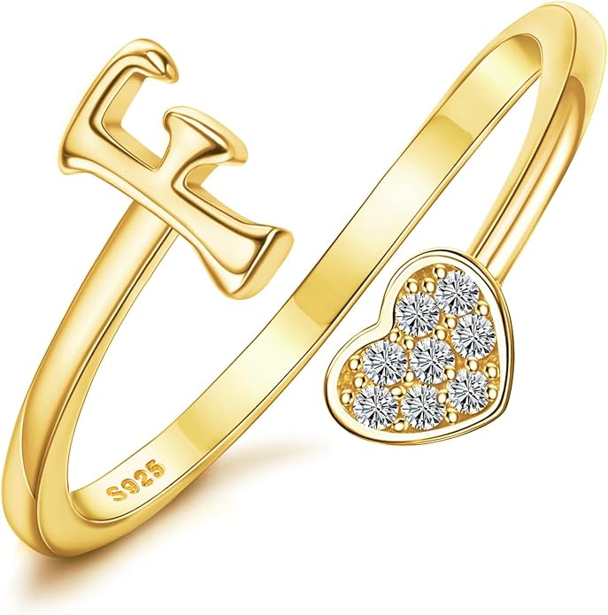 MILACOLATO 925 Sterling Silver Initial Rings for Women Teen Girl 18K Gold Plated Heart Initial Rings Adjustable Capital Letter Ring Stackable Thumb Pinky Rings for Daughter Birthday Bridesmaid Gifts Jewelry, A to Z