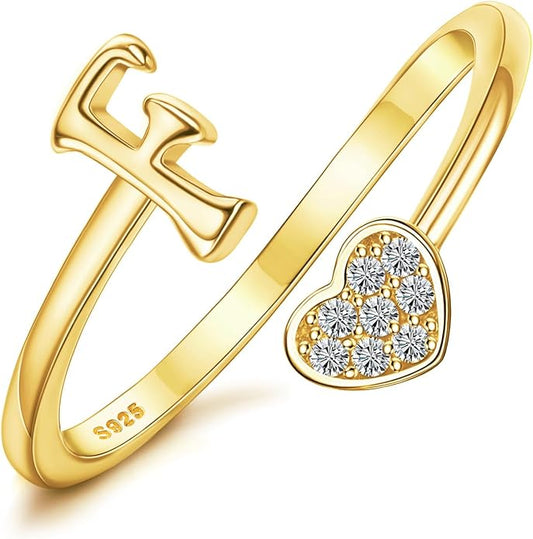 MILACOLATO 925 Sterling Silver Initial Rings for Women Teen Girl 18K Gold Plated Heart Initial Rings Adjustable Capital Letter Ring Stackable Thumb Pinky Rings for Daughter Birthday Bridesmaid Gifts Jewelry, A to Z