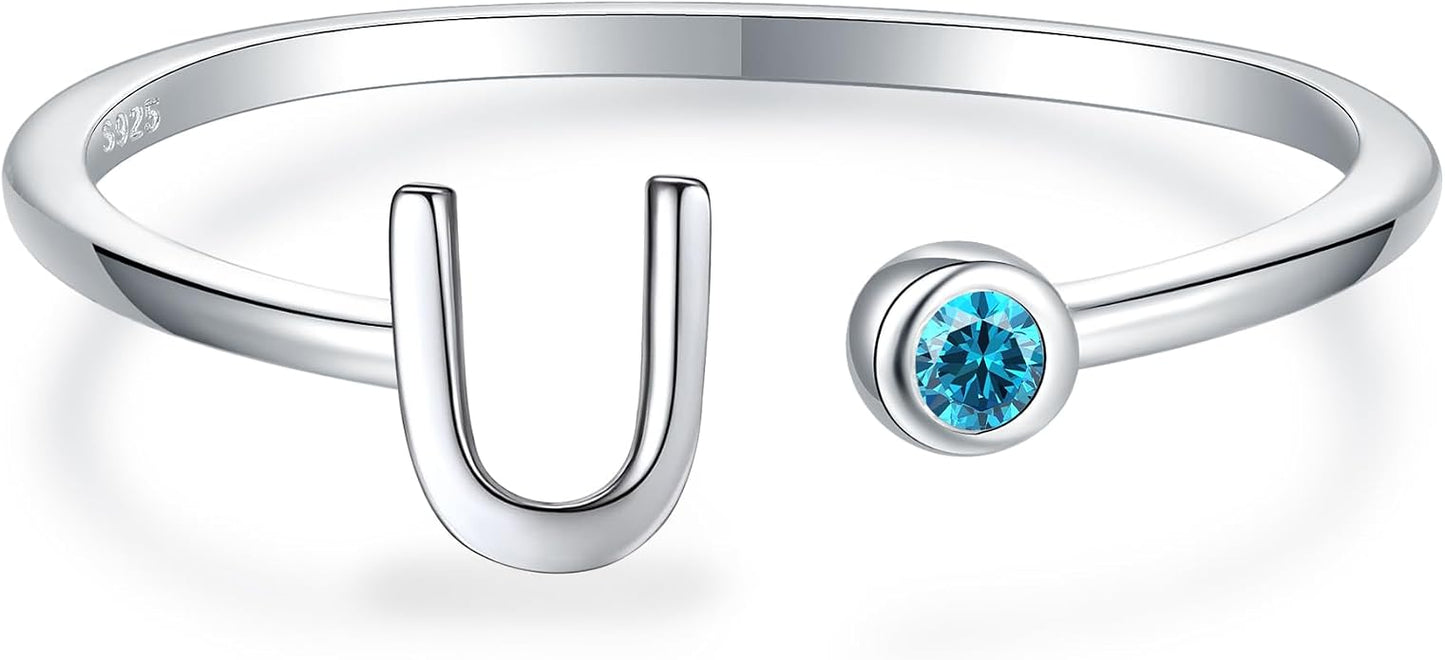 925 Sterling Silver Initial Letter Birthstone Rings for Women Adjustable 1-12 Month Birthstone Alphabet Stacking Ring for Teens Girls Stackable Birthstone Rings Birthday Jewelry Gift for Daughter Mom