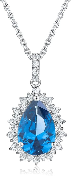 925 Sterling Silver Teardrop Necklace for Women Huge Created Gemstone Solitaire Halo Pendant Pear Cut Birthstone Necklace