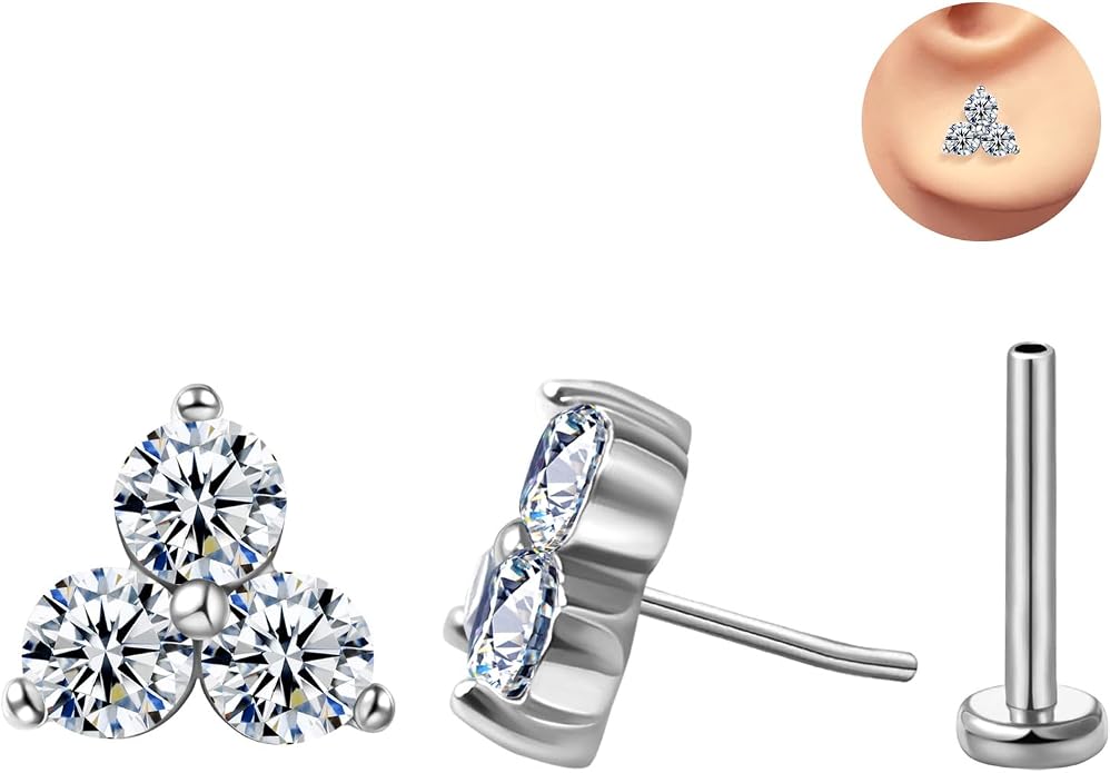 FANSING Cartilage Earring Tragus Stud Trio CZ Stone Flat Back Earring for Helix Conch Threadless Push Pin Labret Stud