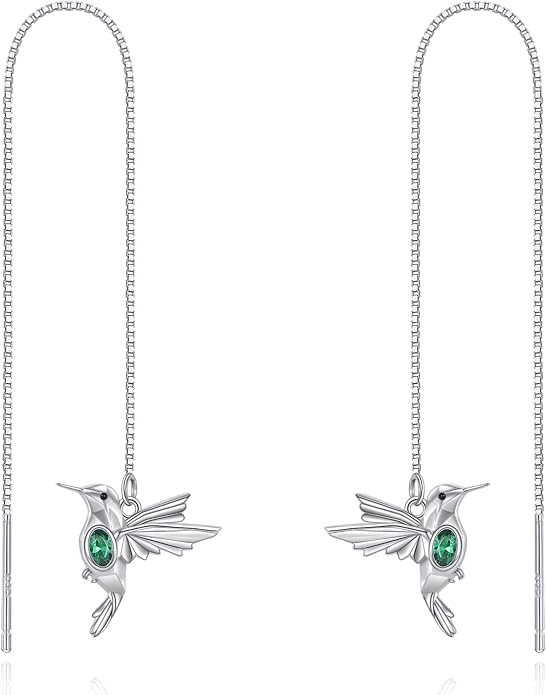 Hummingbird Pull Through Threader Earrings 925 Sterling Silver Long Piercing Tassel Drop Dangle Ear Line Eardrop Earrings Origami Jewelry Birthday Gifts for Women