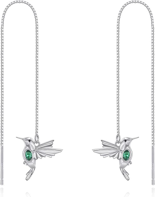 Hummingbird Pull Through Threader Earrings 925 Sterling Silver Long Piercing Tassel Drop Dangle Ear Line Eardrop Earrings Origami Jewelry Birthday Gifts for Women