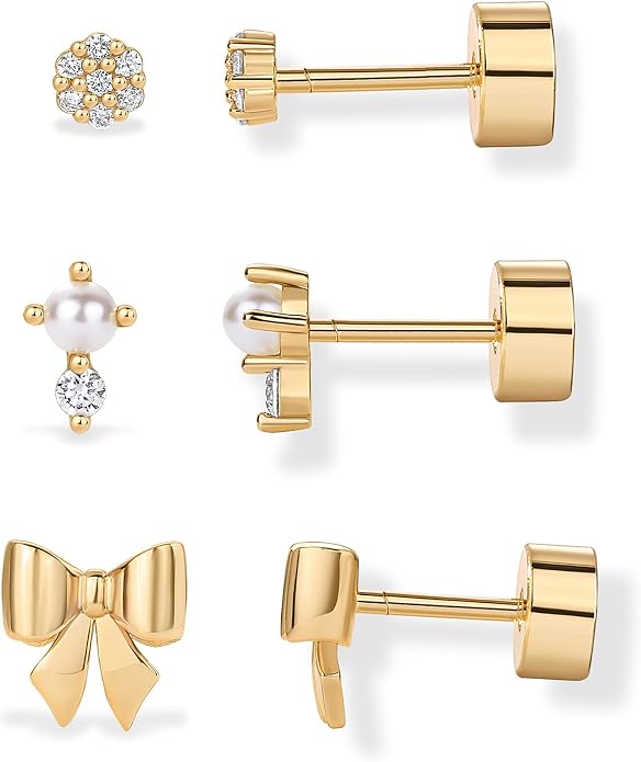 PAVOI 14K Gold Plated Dainty Flat Back Earrings for Women - Hypoallergenic Sterling Silver Posts Helix Cartilage Piercing Jewelry - Emoji Motif Bow Celestial Flatback Gold Stud Earrings Screw Back