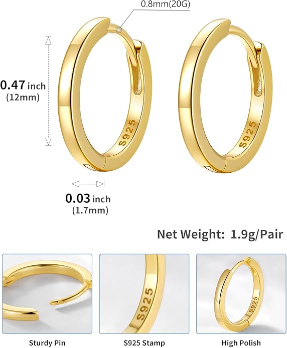 SILVERCUTE 925 Sterling Silver Huggie Hoop Earrings for Women,Hypoallergenic Small Hoop Earrings Lightweight Silver/14K Gold Hoops Cartilage Earrings for Women,8/10/12mm