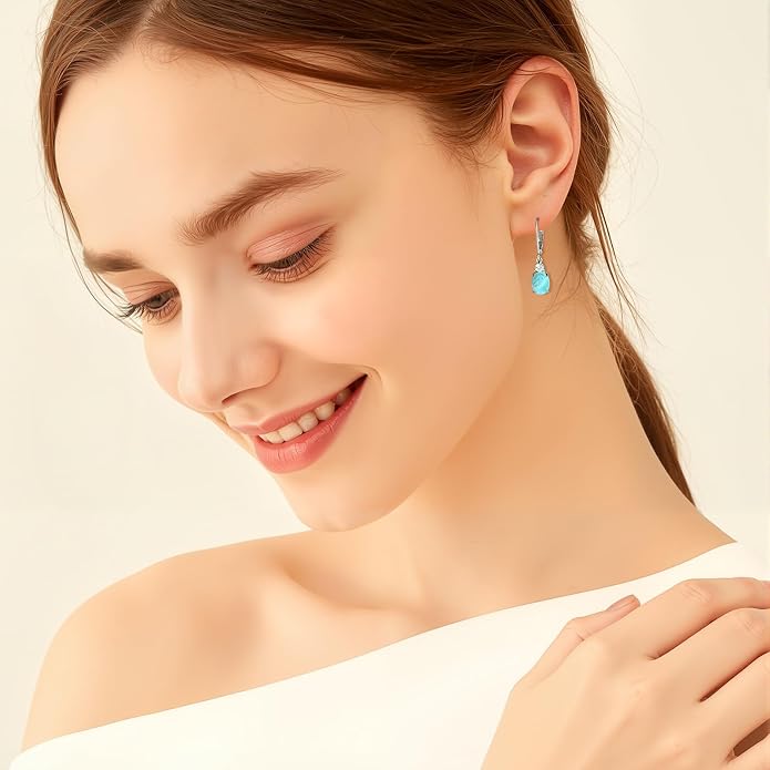 Larimar Dangle Earrings, 925 Sterling Silver Gemstone Larimar Drop Earrings for Women