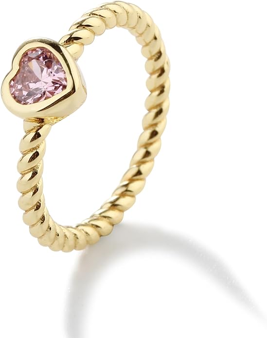 Precious Pieces 14K Gold Plated over .925 Sterling Silver Twisted Rope Band Baby Ring with Heart Birthstone CZ for Babies, Infants, Toddlers, Little Girls, Stackable or Pinky Ring for Teens and Women