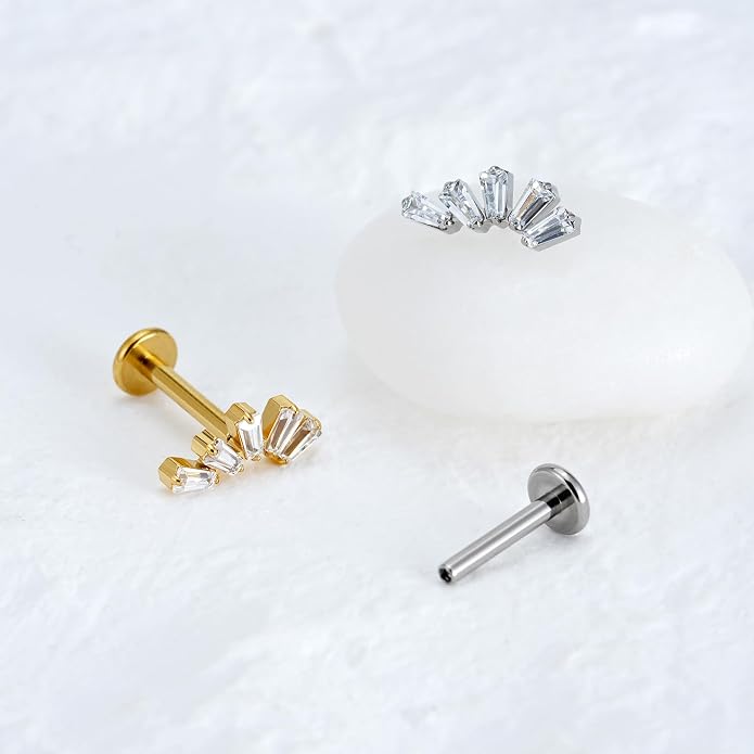 FINE4U 1PC 16G Gold Cartilage Earring 6mm 8mm - ASTM F136 Titanium Piercing Jewelry for Tragus, Helix Conch, Internally Threaded