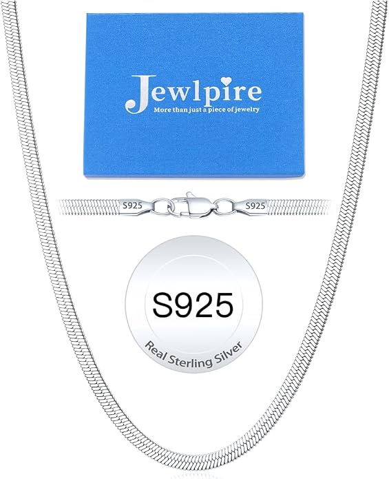 Jewlpire 3mm 4mm 5mm Herringbone Necklace 18K Gold Plated 925 Sterling Silver Chain Necklace for Women, Flat Snake Chain Necklace, Women's Chains Necklaces 16 18 20 22 24 Inch