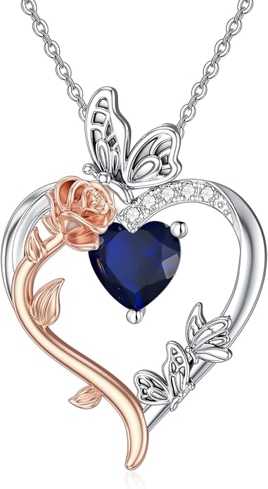 TOUPOP Rose Heart Birthstone Necklace 925 Sterling Silver Heart Butterfly Pendant Love Jewelry Birthday Gifts for Women Wife Mom Her