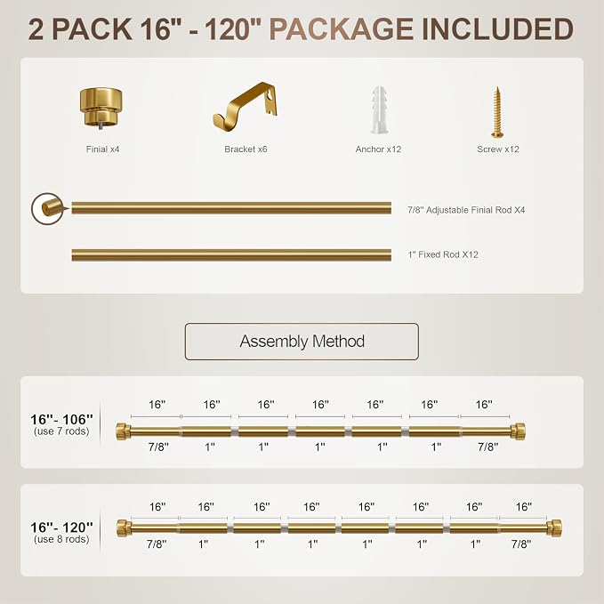 Lootkell 2 Pack Modern Gold Curtain Rods for Windows 66 to 120 Adjustable Heavy Duty 1" Diameter Brass Window Curtain Rod with Solid Metal Finials for Outdoor Farmhouse Bedroom Kitchen Living Room