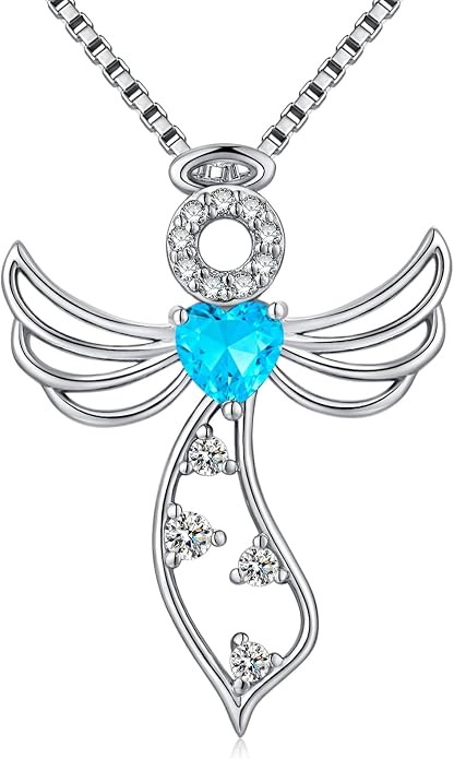 925 Sterling Silver Guardian Angel Pendant Necklace for Women - Birthstone Cubic Zirconia, 18" Chain, Gift for Her