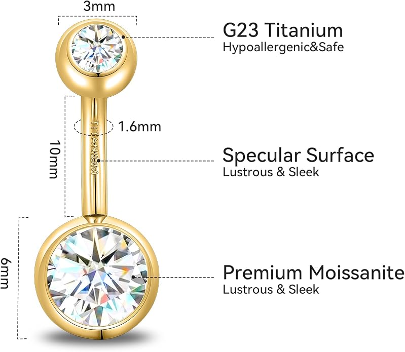 limerencia Moissanite Belly Button Ring, G23 Titanium Hypoallergenic Internally Threaded Navel Jewelry, Curved Dangle Belly Ring Piercing Jewelry for Women, Men