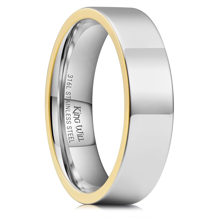 King Will 316L Stainless Steel Men's Wedding Band – 6/8 mm Dual-Tone Wedding Ring Polished Finish with Gold/Black Steel Plating, Fashionable and Durable Stainless Steel Men's Ring Size 7-14