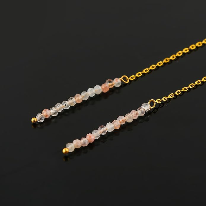 Natural Gemstone Threader Earrings for Women - Dainty 2mm Faceted Beads - Birthstone Crystal Drop Earrings - Silver Plated Healing Jewelry