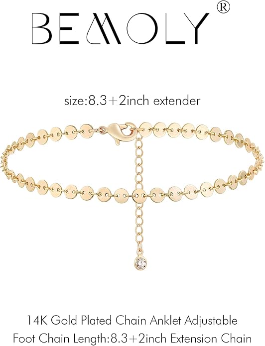 Dainty Gold Disc Chain Anklet for Women, 14K Gold Plated Sequin Foot Bracelet, 8.3"+2" Adjustable Delicate Flat Disc Link Ankle Bracelet, Minimalist Summer Beach Jewelry Gift for Her