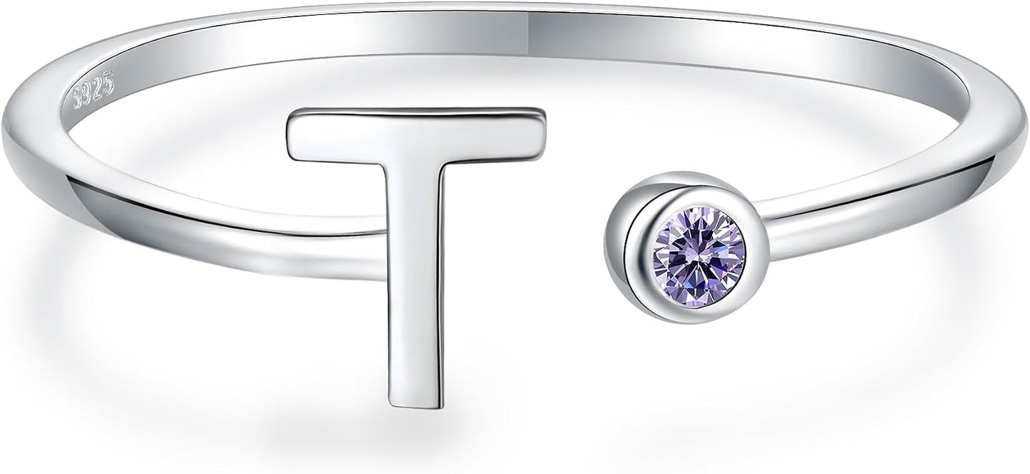 925 Sterling Silver Initial Letter Birthstone Rings for Women Adjustable 1-12 Month Birthstone Alphabet Stacking Ring for Teens Girls Stackable Birthstone Rings Birthday Jewelry Gift for Daughter Mom