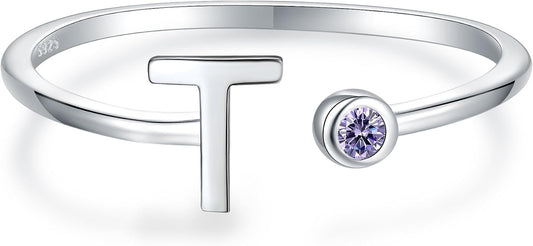 925 Sterling Silver Initial Letter Birthstone Rings for Women Adjustable 1-12 Month Birthstone Alphabet Stacking Ring for Teens Girls Stackable Birthstone Rings Birthday Jewelry Gift for Daughter Mom