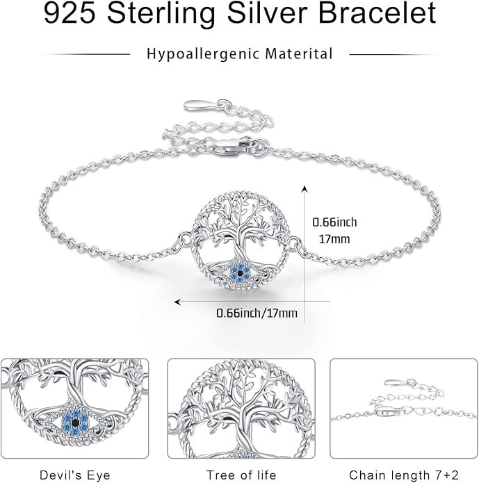 Midir&Etain Tree Of Life & Evil Eye Bracelet Anklet For Women 925 Sterling Silver Adjustable Family Tree Christmas Jewelry Gifts