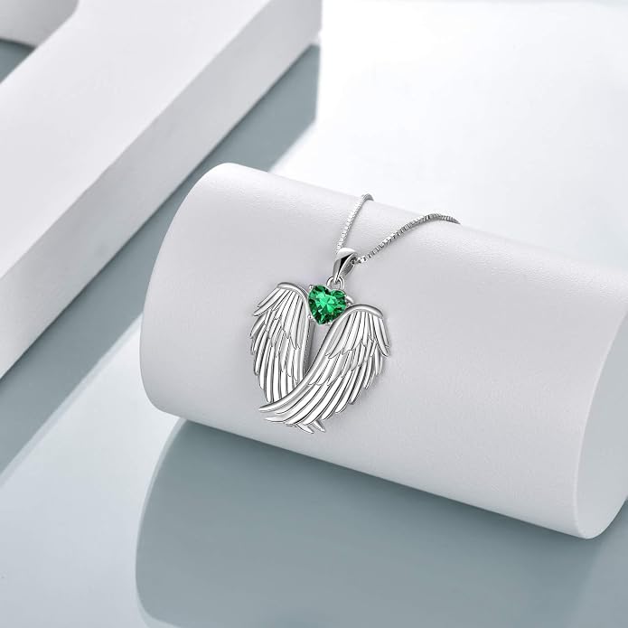 YFN Angel Wings Necklace 925 Sterling Silver Guardian Angel Wings Pendant Necklace Birthstone Necklace for Women Girls Christmas Jewelry Gifts