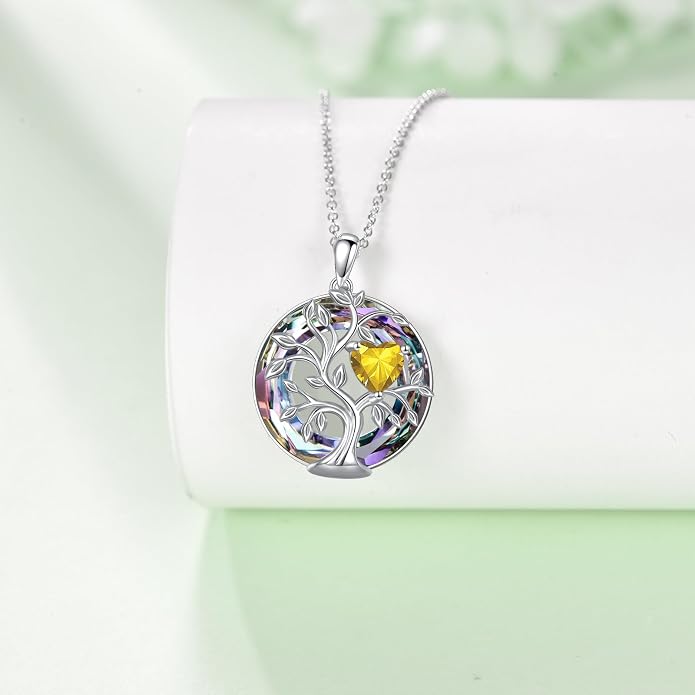 Tree Of Life Birthstone Necklace 925 Sterling Silver Crystal Family Tree Pendant Necklaces Heart Birthstone Jewelry For Women Female Anniversary Birthday Gifts