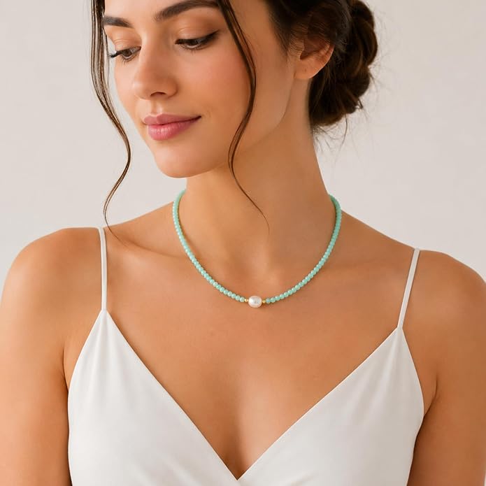 InfinityGemsArt Gemstone Gold Necklace For Women, Birthstone Natural Crystal Stone With Freshwater Pearl Beaded Jewelry, Gold Plated 18 Inch Chain