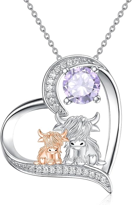 Highland Cow Gifts for Women 925 Sterling Silver Highland Cow Birthstone Necklace Fluffy Cow Jewelry Gifts Birthday Christmas