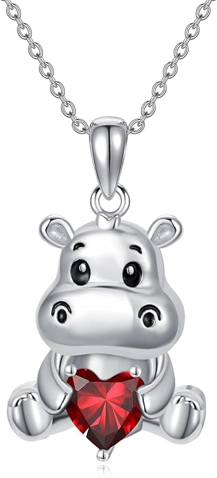 PROESS Animal Birthstone Necklace 925 Sterling Silver Otter/Axolotl/Hippo/Elephant/Dachshund/Monkey/Red Panda Pendant Necklace Animal Birthstone Jewelry Gifts for Women
