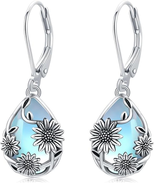 Flower Earrings 925 Sterling Silver Flower Teardrop Leverback Dangle Earrings Jewelry Gifts for Women Girls