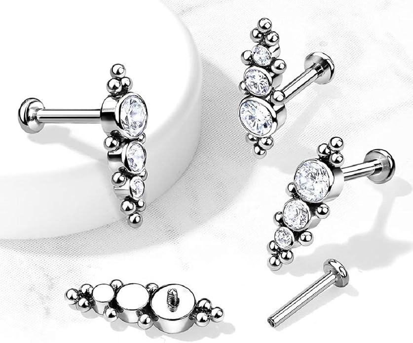Pierced Owl - 16G G23 Implant Grade Titanium Internally Threaded Descending Triple Round CZ Crystal and Ball Clusters Flat Back Labret Monroe Lip Cartilage Helix Ear Lobe Stud