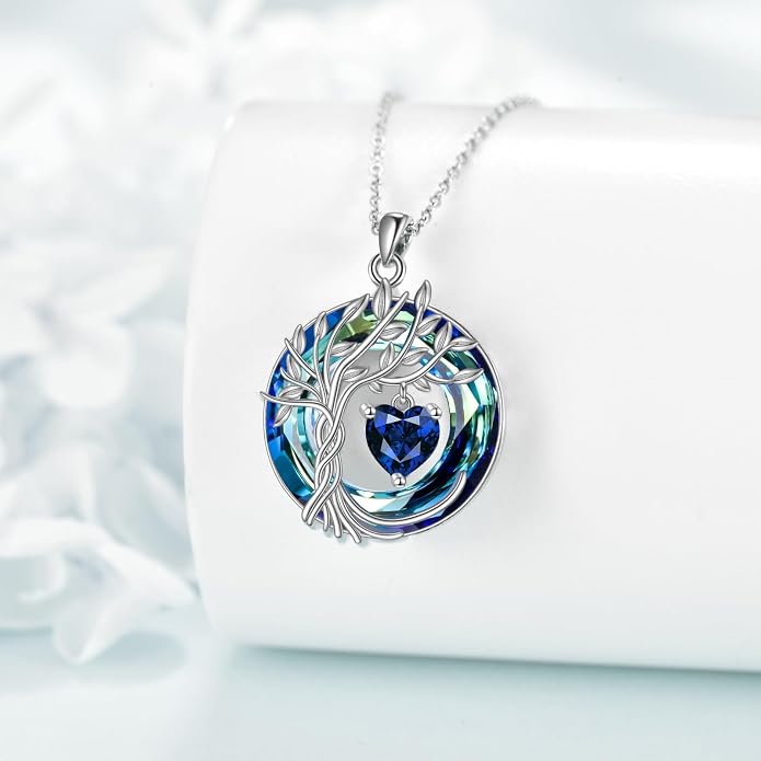POPLYKE Mothers Day Gifts for Mom Her Wife Tree of Life Necklace 925 Sterling Silver Birthstone Pendant with Crystal Anniversary Birthday Wedding Jewelry for Women