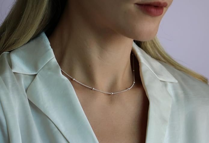 Bead Station Necklace on Cable Chain - 2 mm beads, Minimalist 925 Sterling Silver Necklace for Women, Simple & Elegant - Stylish Gift Packaging for Special Occasions