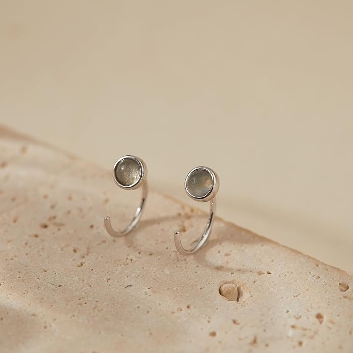 CHIC & ARTSY 925 Sterling Silver Half Hoop Earrings for Women, Dainty Huggie Hoops with Synthetic Opal, Moonstone, CZ & Gemstones, Lightweight Comfort Fit Everyday Elegant Jewelry