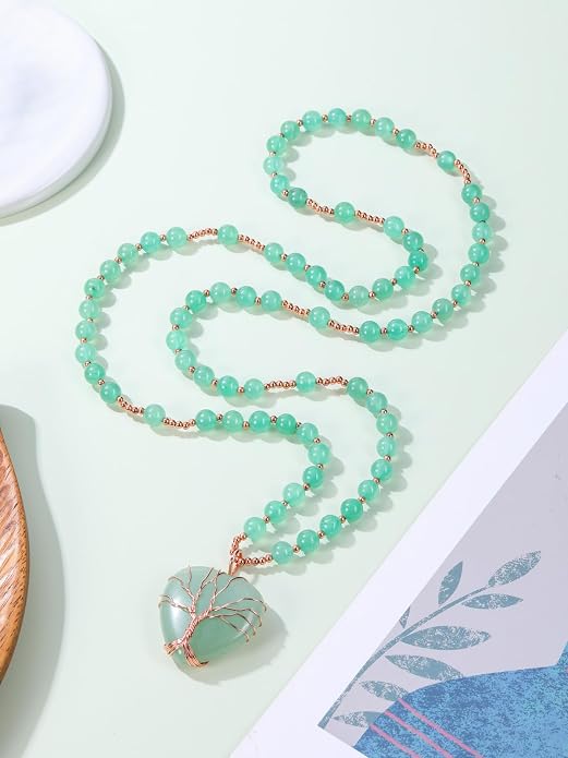 Top Plaza Healing Crystal Amethyst Necklace Natural Stone Beads Life Tree Wire Wrapped Teardrop Gemstone Pendant Jewelry for Women Mom
