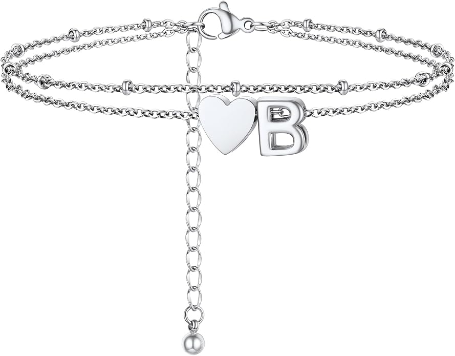 Initial Ankle Bracelets for Women, Dainty Stainless Steel Letter A-Z Layered Anklets, Heart Ankle Bracelet 8.5"-10.5" Adjustable, Summer Beach Jewelry, Come with Box