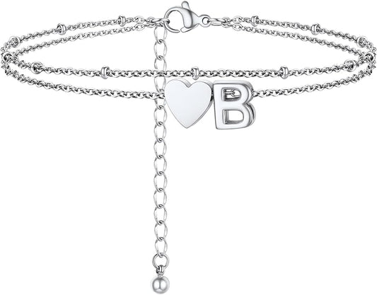 Initial Ankle Bracelets for Women, Dainty Stainless Steel Letter A-Z Layered Anklets, Heart Ankle Bracelet 8.5"-10.5" Adjustable, Summer Beach Jewelry, Come with Box