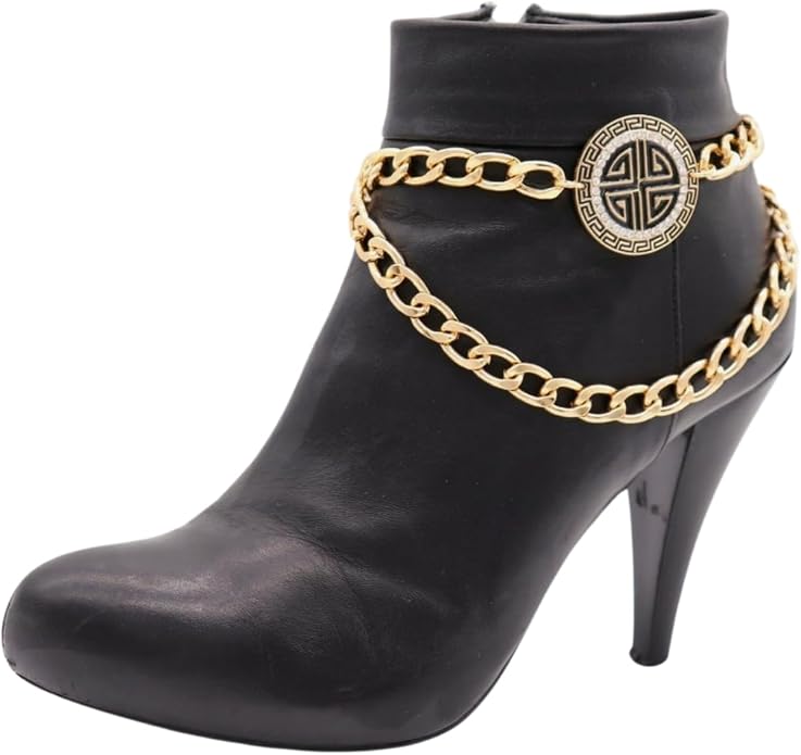Women’s Gold Boot Chain Anklet Set – 2PCS Chunky Double Chains With Medallion Charm, Adjustable Shoe Jewelry – Handmade in USA BC17