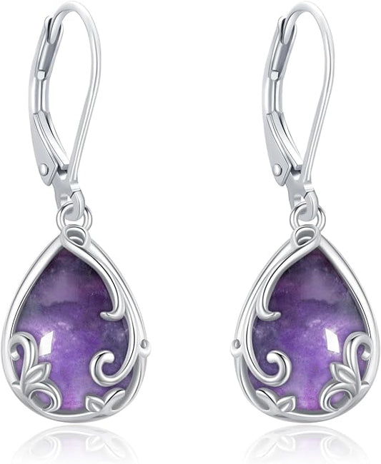 Dangle Earrings Sterling Silver Moonstone/Turquoise/CZ/Crystal Earrings for Women Tree of Life Animal Filigree Leverback Earrings Jewelry Gifts